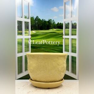 Multi Floral Yellow Ceramic Planter Pot with Saucer Attached